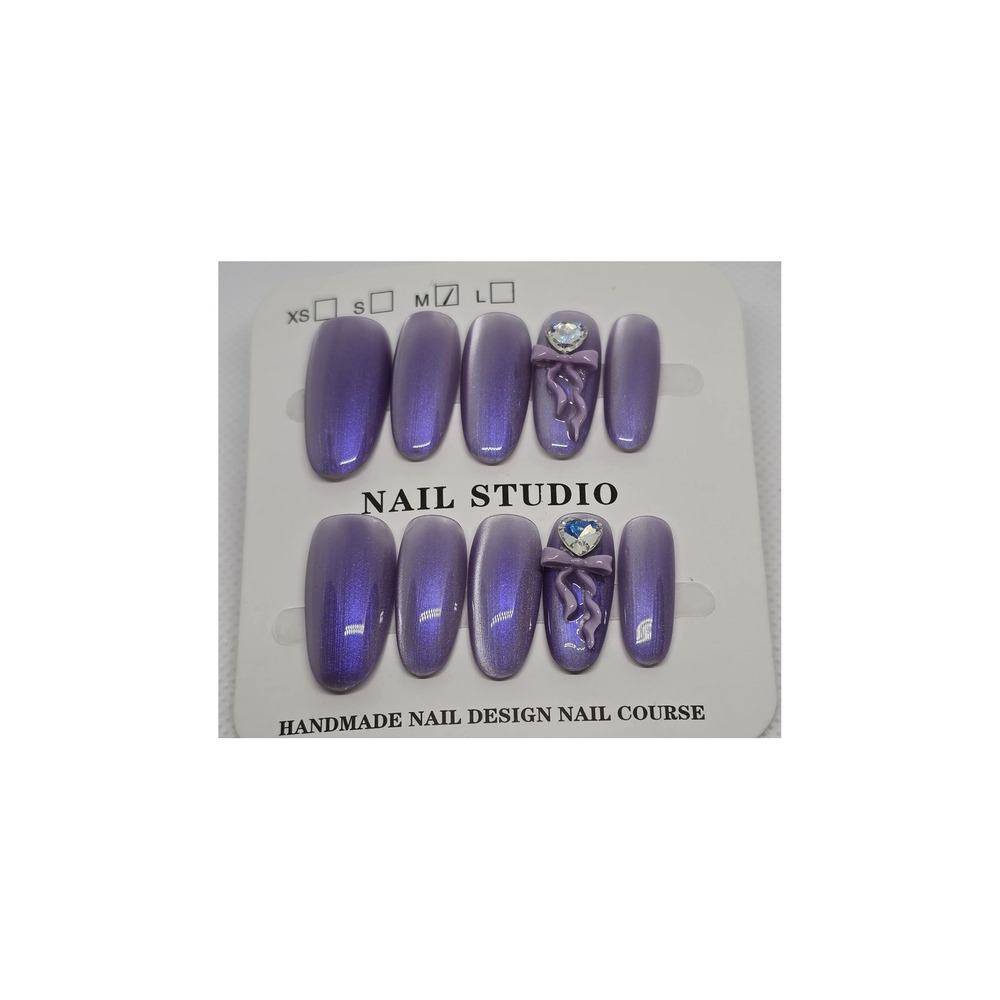 Purple Cat Eye Press On Nails Size M Medium Almond 3D Bow Heart Crystal